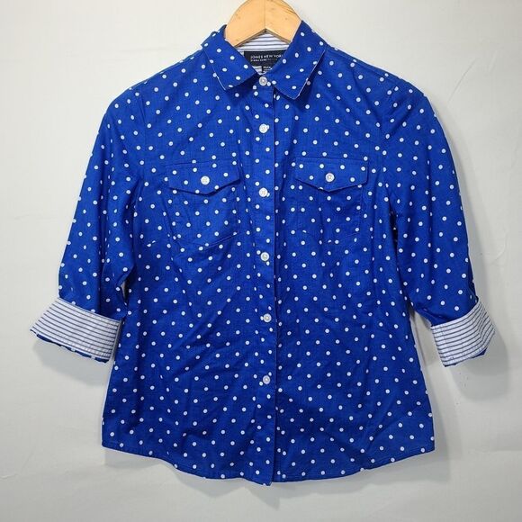 JONES NEW YORK Petites Polka Dot Blouse Blue White - Picture 3 of 9